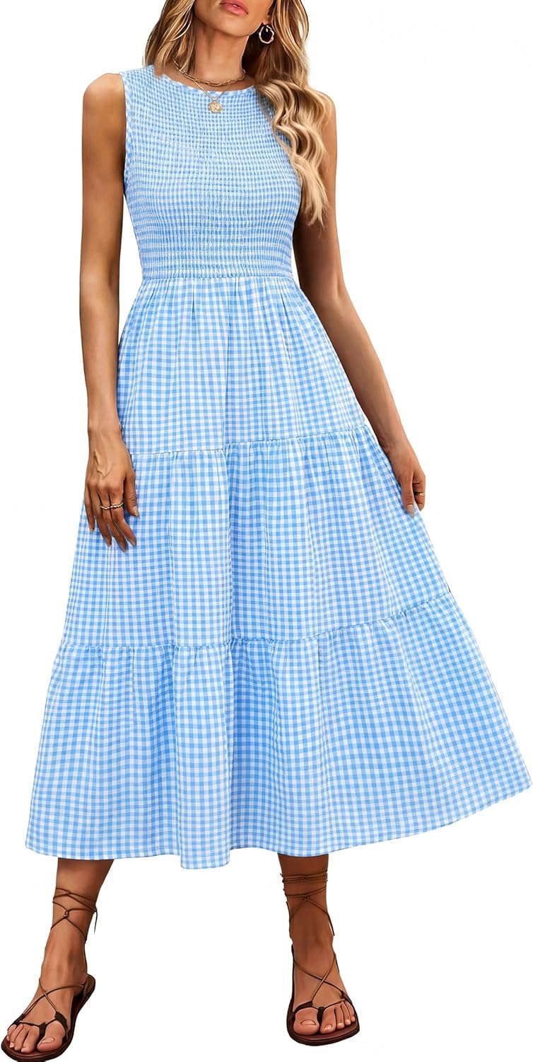 ANRABESS Women's Summer Casual Maxi Dress Sleeveless Crewneck Smocked 2026 Flowy Plaid Tiered Boho A Line Beach Long Sundress