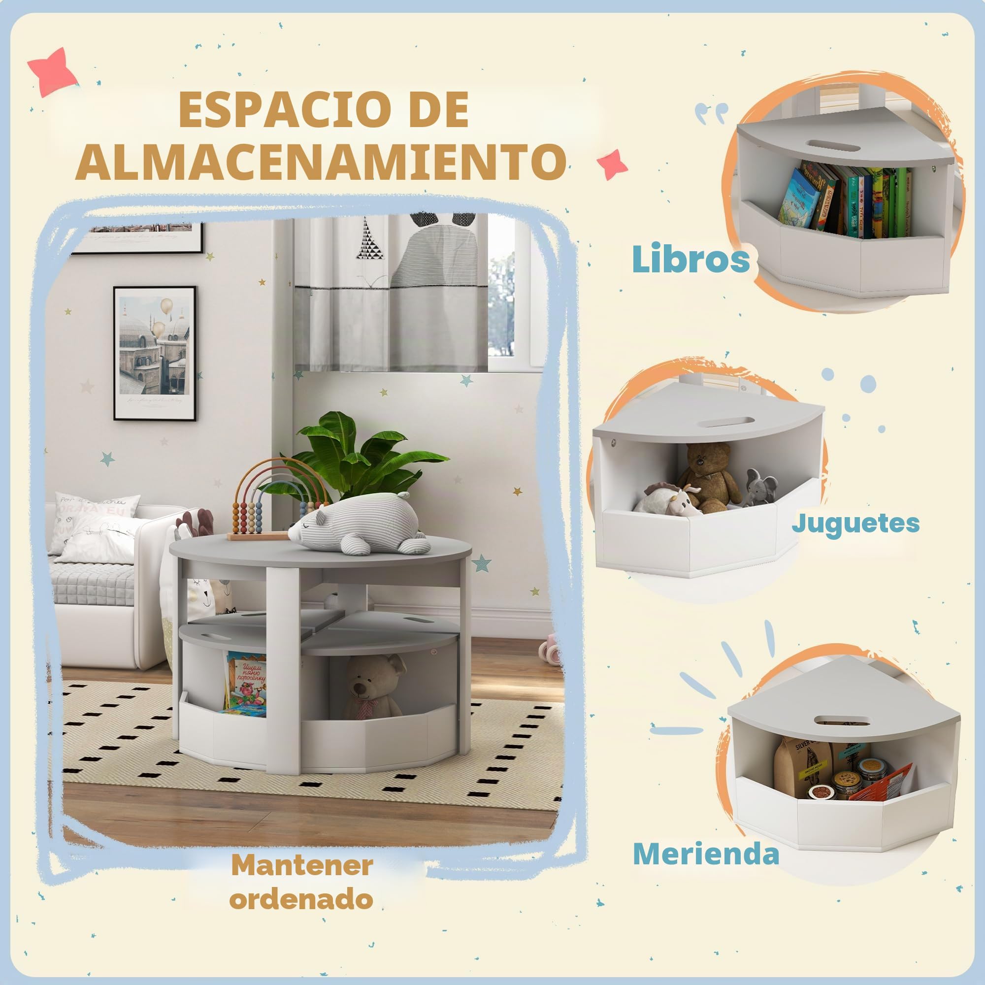 AIYAPLAY Juego Mesa y sillas con Almacenamiento niños, 3-8 años, Gris | Juego de mesa y sillas para niños de cinco piezas, actividad infantil