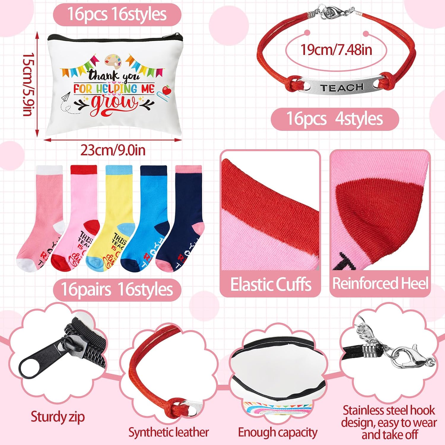 Qeeenar 80 Pcs Bulk Teacher Appreciation Gifts Items Teacher's Day Retirement Present Includes 16 Teacher Makeup Pouches 16 Inspirational Notepads 16 Keychains 16 Pairs Crew Socks 16 Bracelets