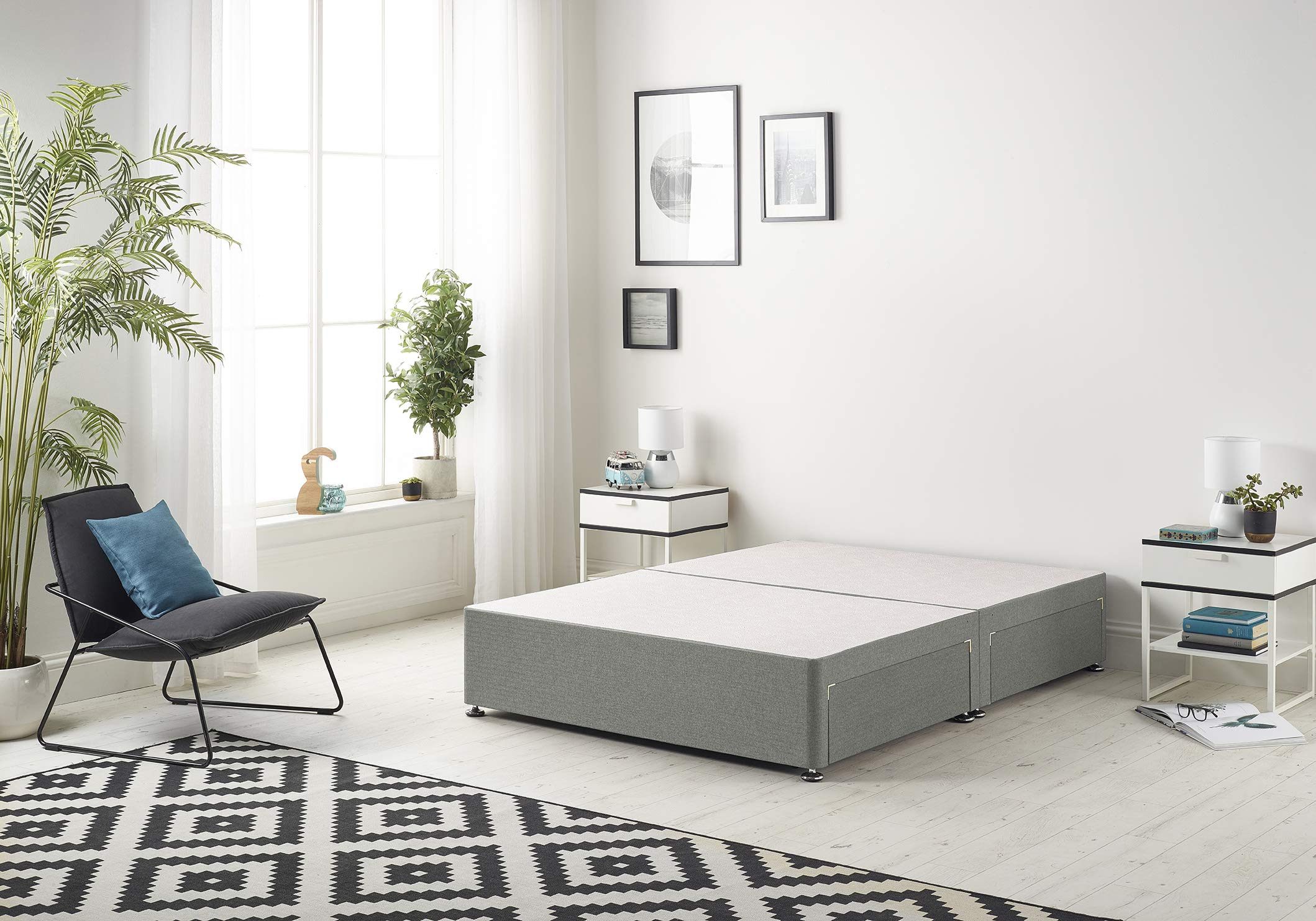 Bed Centre Flexby Divan Base Only with No Drawers and No Headboard - Available in 3ft,4ft,5ft and 6ft- Fabric (5FT King, Linen Silver Fabric)