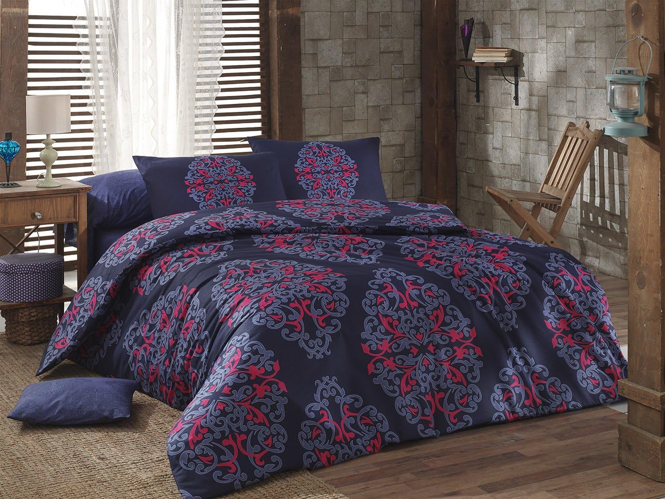 Bedding Set Linen Pillow Ranforce %100 cotton Case Contempo Bohemian Classy Embellished double 200x200 cm Duvet Quilt Cover Paisley 3 Pieces Damask Vintage Retro Oriental Retro Dark Blue Red Soft