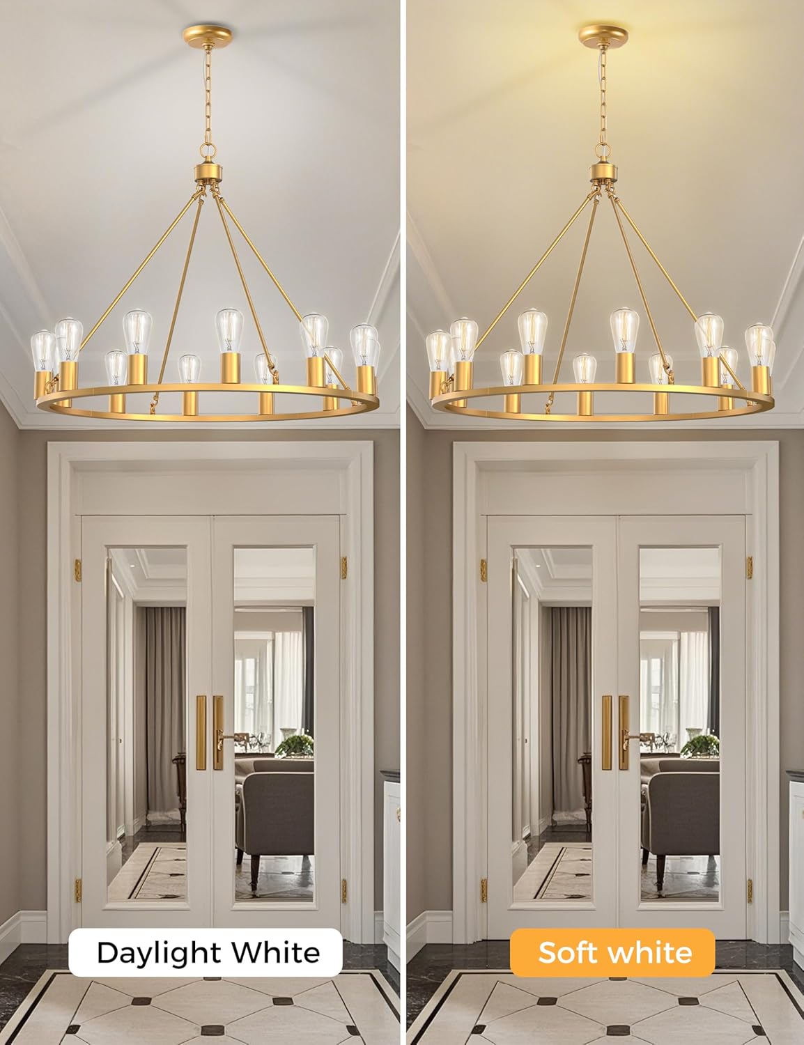 L LOHAS LED Gold Farmhouse Chandeliers for Dining Room, 12-Light Wagon Wheel Chandelier Over Table, Height Adjustable, 32" Dining Room Light Fixture, Modern Chandelier for Kitchen Island Living Room