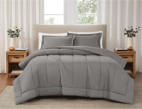 Brooklyn Loom Solid Cotton Percale Grey Full/Queen 3 Piece Comforter Set, Solid Color Themed, Oeko-TEX Certified Confidence
