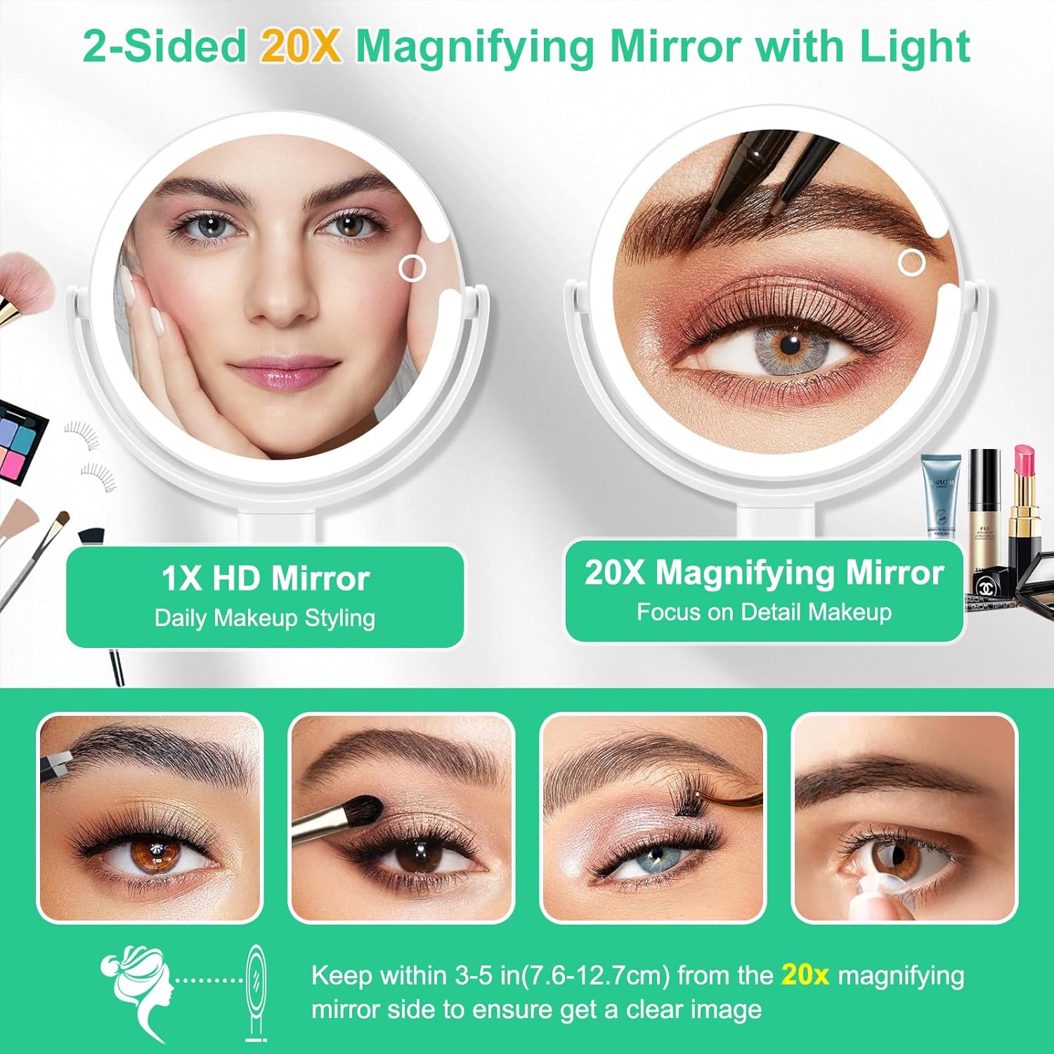 20X/1X Magnifying Makeup Mirror with Lights, Double-Sided Home Vanity Mirror with 3 Color Brightness Adjustable, 360° Rotation, Adjustable Height, Rechargeable, Phone Holder and Storage Tray