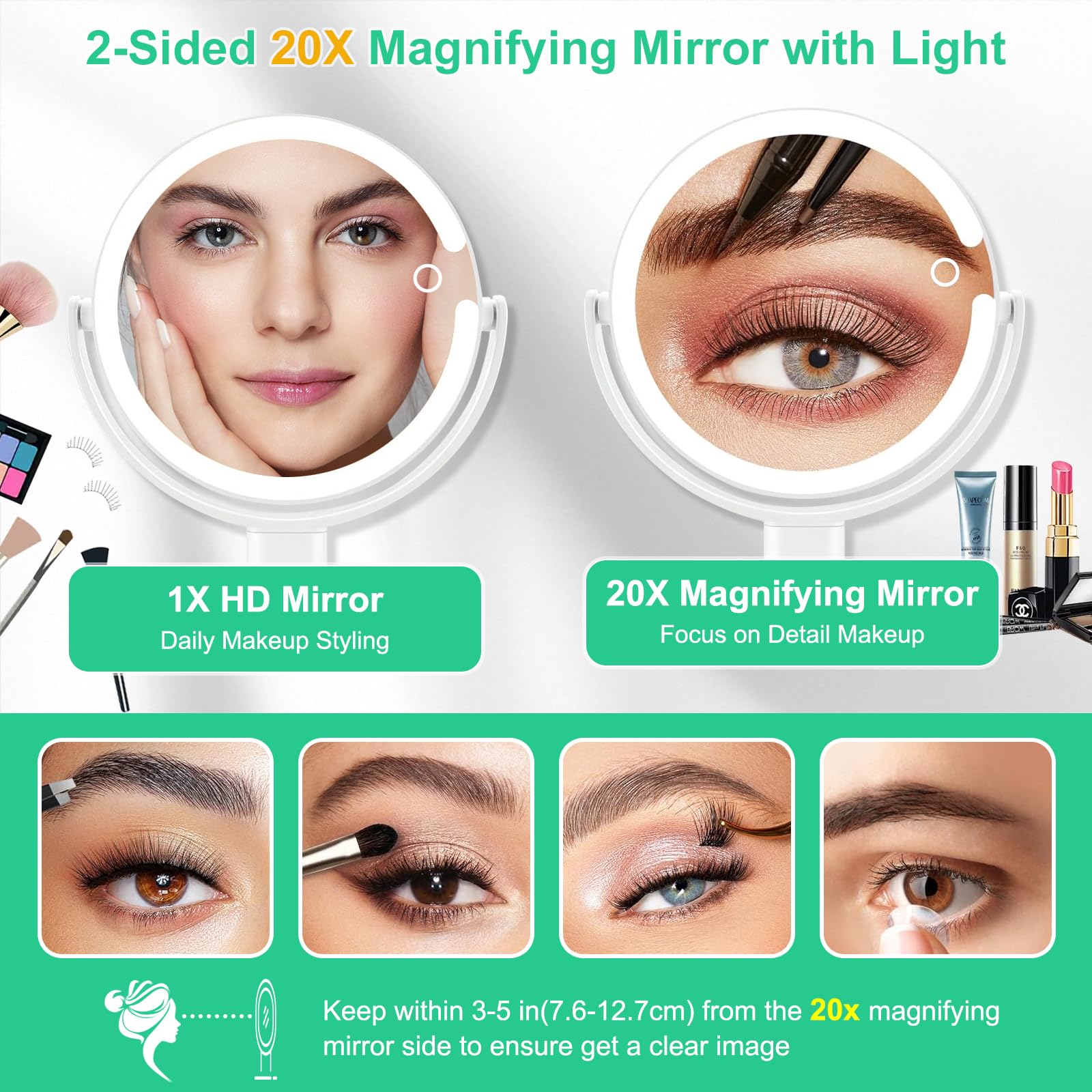 Make-up-Spiegel mit 20-facher, 1-facher Vergrößerung, doppelseitiger Kosmetikspiegel mit 3 Farben einstellbar, um 360° drehbar, höhenverstellbar, wiederaufladbar, Handyhalterung und Tablett