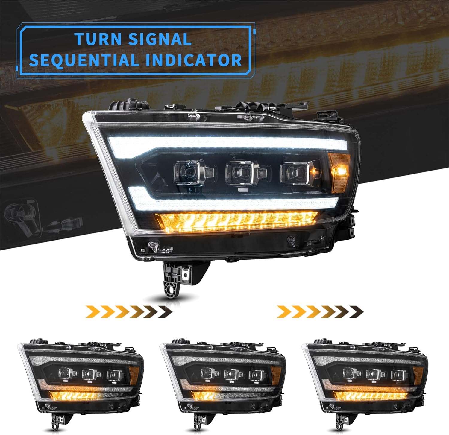 VLAND Projector Led Headlights Compatible with 2019-2024 Dodge Ram 1500 Tradesman, Bighorn, Laramie, Rebel, Lone Star w/Switchback Turn Signal w/Amber Reflector
