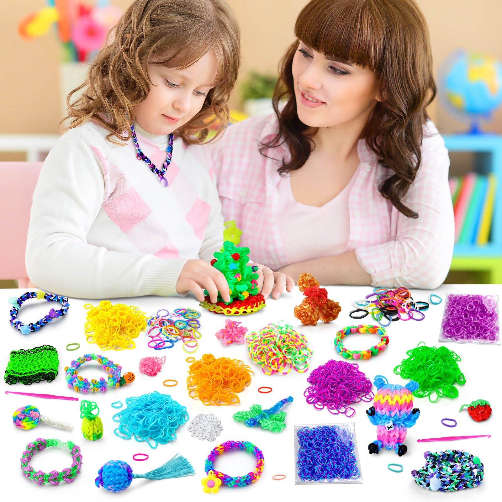 ROSHUKG Kit de 50 Colores para Gomas Elásticas con de 3 Capas, DIY Gomas para Hacer Pulseras para Niños, Niñas, Regalo para Tejer