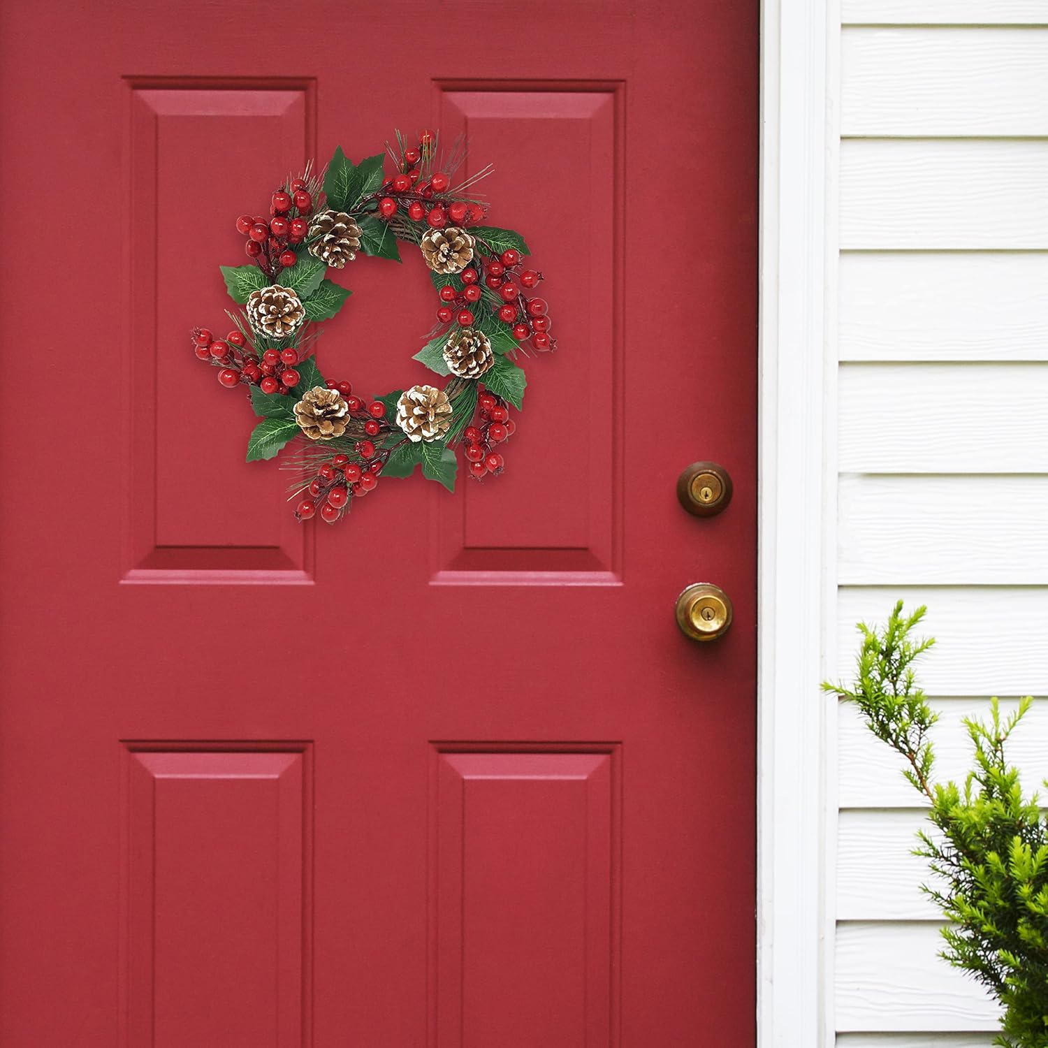 Christmas Wreaths - Pine Twigs, White Tipped Pinecones, Red Berries & Holiday Greenery - Door, Window, Porch & Mantel Décor - Measures 12" D - Image 4