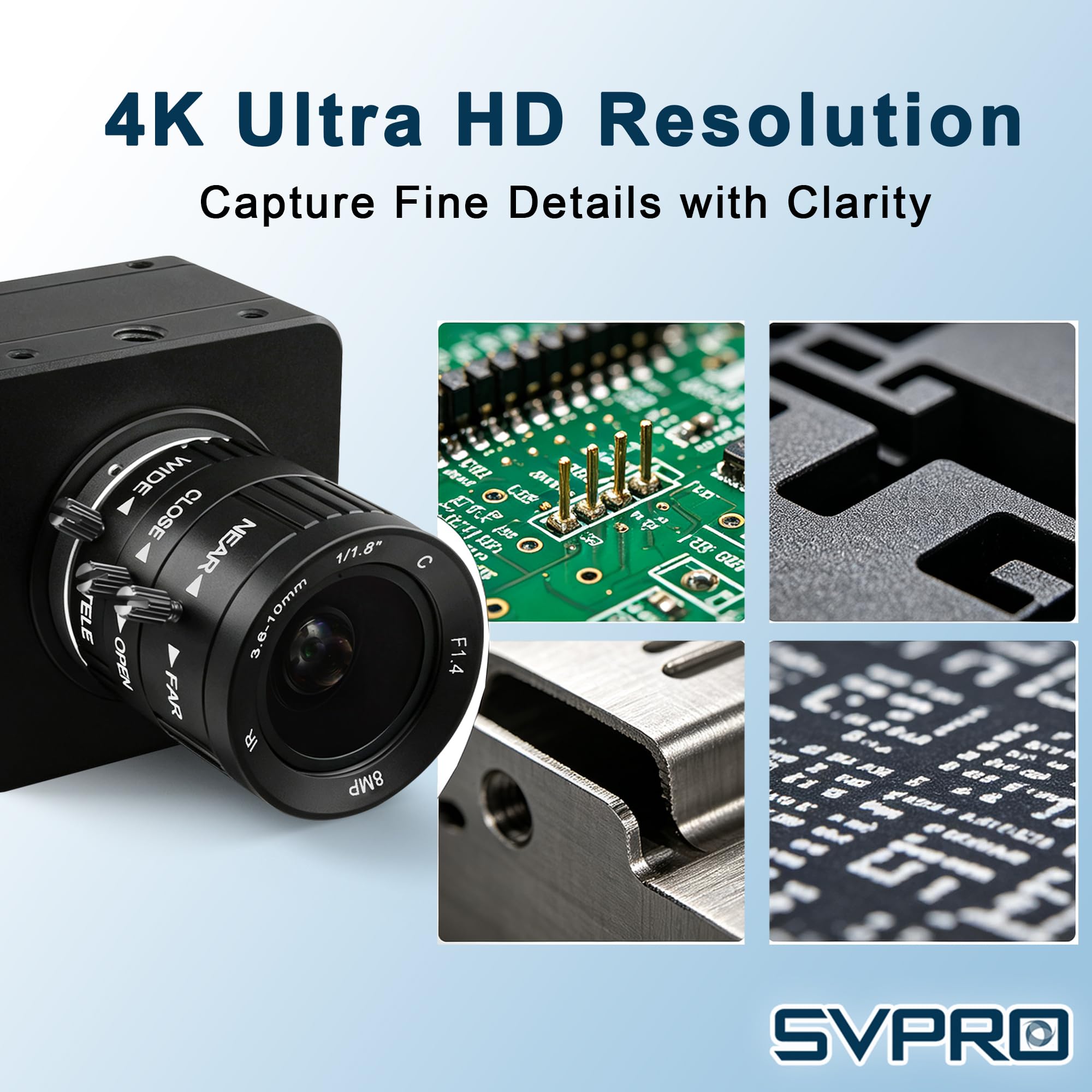 Svpro Cámara de zoom 4K 60fps USB 3.0 con lente verifocal de 3,6 a 10 mm, webcam de enfoque manual, USB-C UVC Plug & Play para Windows, Linux, MacOS, Android