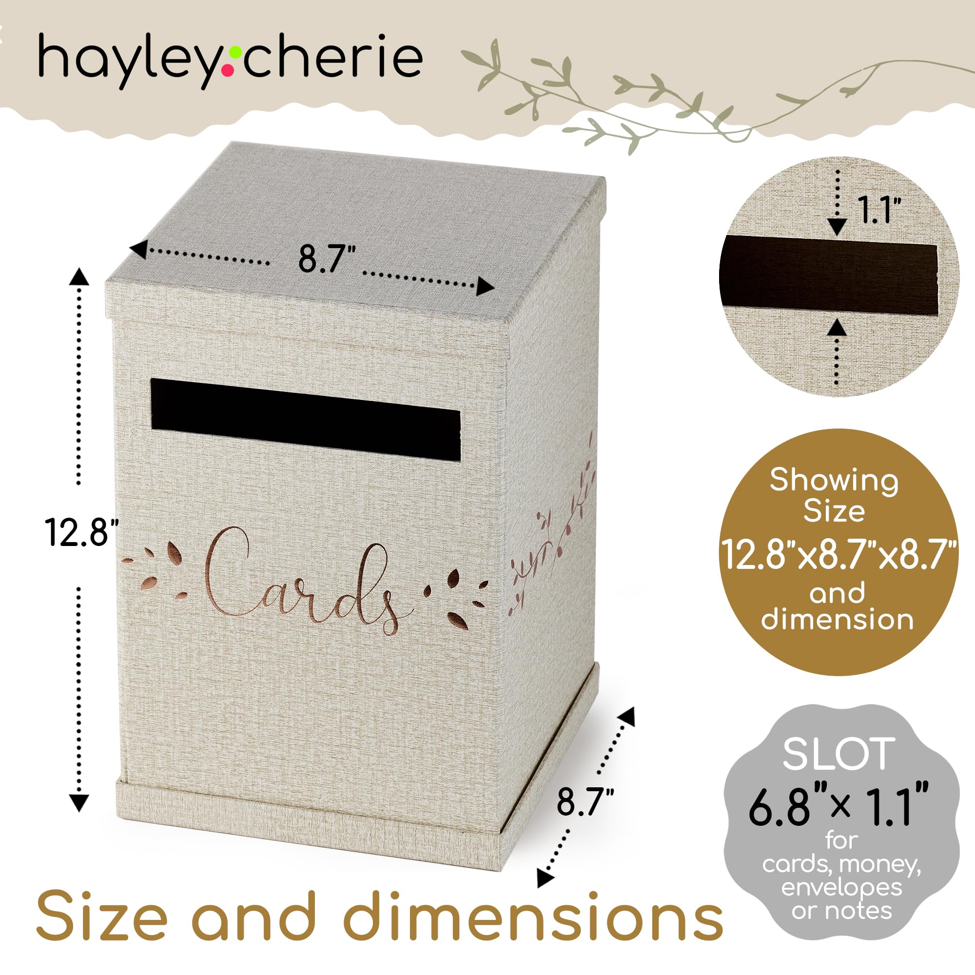 Hayley Cherie - Caja de regalo rústica con diseño de lámina de cobre - Acabado texturizado de lino - Buzón grande de 22 x 22 x 32,5 cm - Para bodas, baby showers, cumpleaños, graduaciones, fiestas