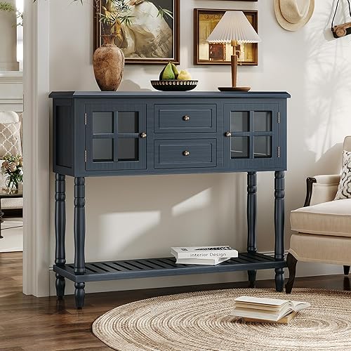 Miniatura 7 de ARTPOWER Mesa consola para entrada con 2 cajones, montaje mínimo, mesa de entrada retro azul con armarios de almacenamiento de puerta de vidrio y