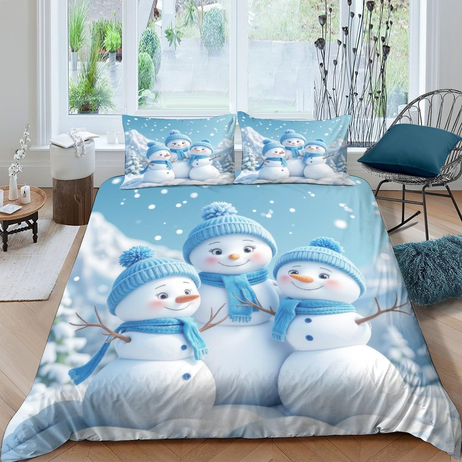 Ctjqhvkz Style-6 3D Printed Snowman Winter Scene Fitted Sheet Microfiber Soft Blue Christmas Bed Cover For Bedroom Guest Room Single（135X200cm）