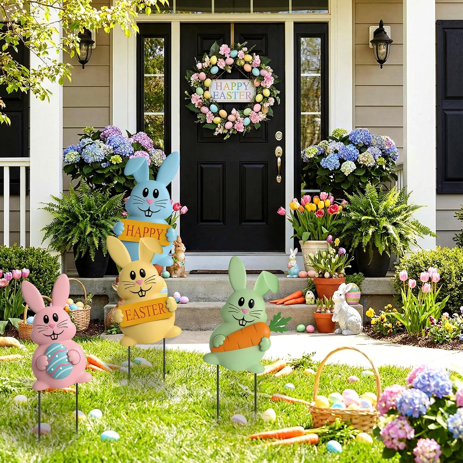 Qunclay Set of 4 Metal Easter Bunny Yard Signs Cute Rabbit Garden Stakes 13.4 Inch Colorful Bunny Yard Decorations in Pink Blue Yellow Green Easter Party Spring Outdoor Lawn Front Door Home Decor