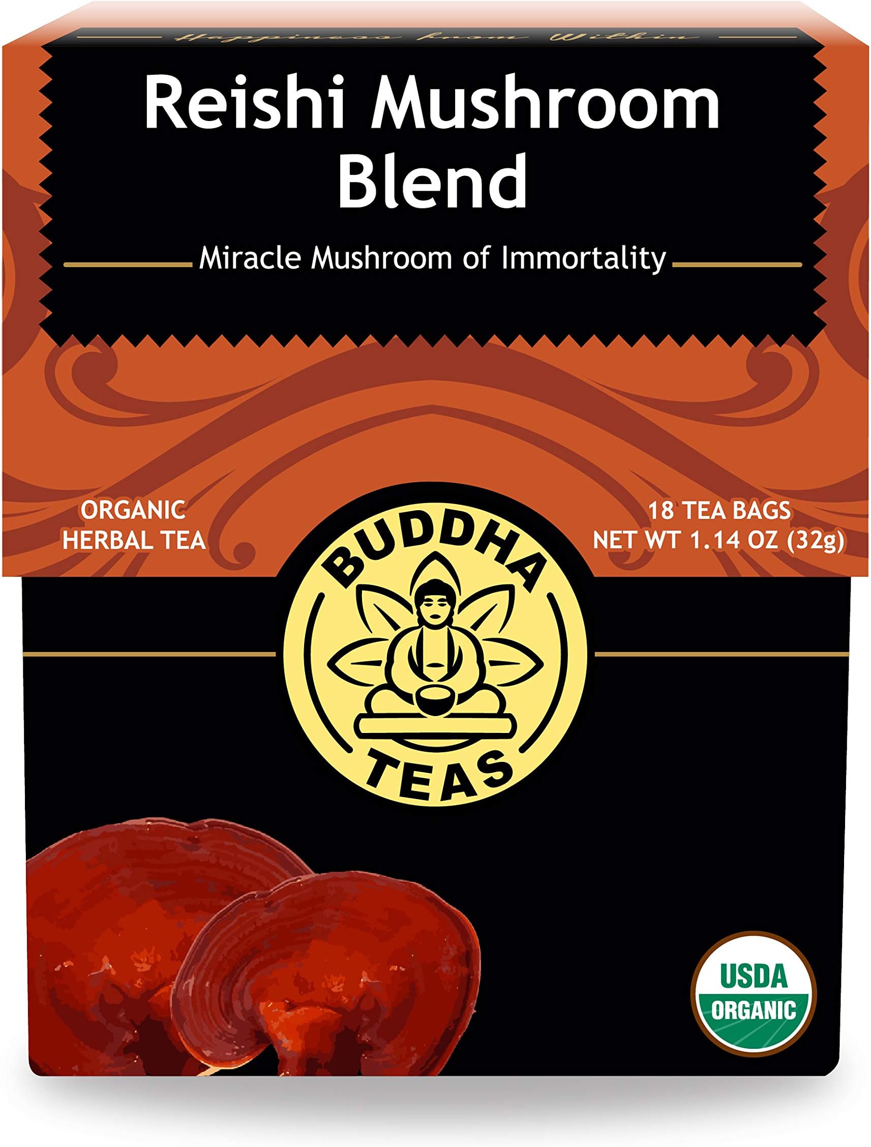 Buddha Teas - Organic Reishi Mushroom Blend - Herbal Tea - For Health & Wellbeing - With Antioxidants & Minerals - Clean Ingredients - Caffeine Free - OU Kosher & Non-GMO - 18 Tea Bags (Pack of 1)