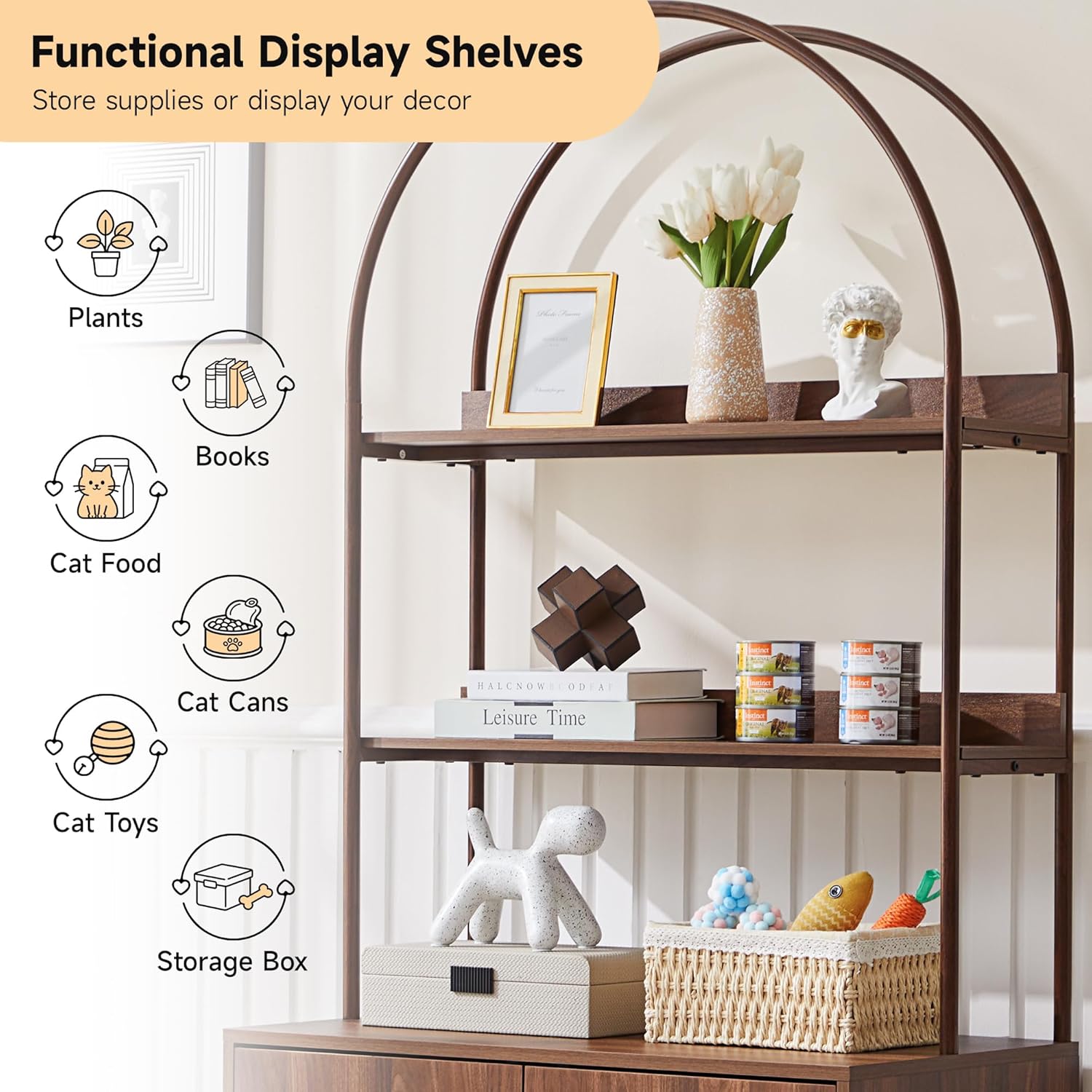 Arched Cat Litter Box Enclosure with 2-Tier Shelves, 63" Tall Hidden Litter Box Furniture with Reversible Entry, Wood Grain Metal Frame Large Cabinet Cat House Washroom with Hooks & Anti-Tipping Kit