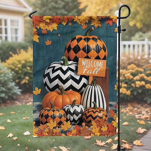 Miniatura 8 de V VIBEPY Banderas de jardín impresas de doble cara de otoño, bandera de jardín de 12 x 18 pulgadas, calabaza de otoño, regalos de bienvenida de otoño