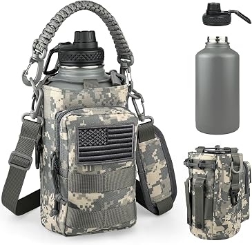 DEFUNX Half Gallon Water Bottle Insulated with Sleeve - Tactical 64 oz Stainless Steel Water Jug with MOLLE Water Bottle Pouch, Gym Water Bottles for Men Hiking Workout ACU Camo