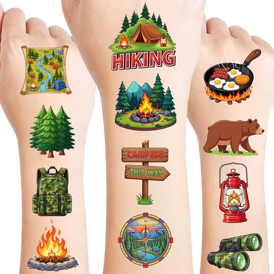 50 PCS Camping Temporary Tattoos for Kids, Funny Camp Themed Tattoos for Birthday Party Supplies Super Cute Tattoo Stickers for Kids Boys Girls Party Bag Filler