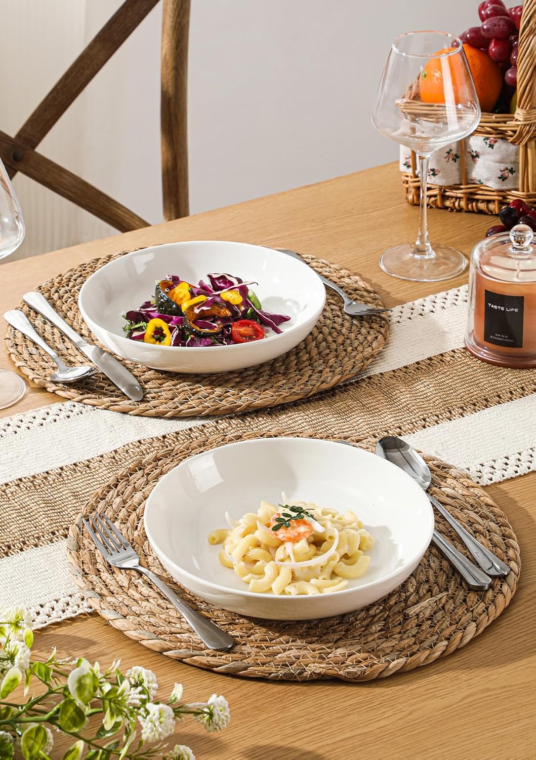 E-liu Porcelain 30 Oz Pasta Bowls, Salad Bowls Dinnerware Set for Serving Soup, Pasta, Noodles, Large Capacity Plates, Microwave & Dishwasher Safe, Set of 4