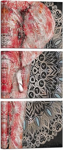 Biuteawal 3 piezas de lienzo negro y rojo para pared, diseño de elefante tribal, estampado de mandala, arte enmarcado de animales, arte para el