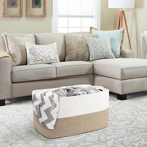 Miniatura 4 de Cesta de manta extragrande, 23.6 x 15.7 x 14.1 pulgadas, rectangular, para sala de estar, cesta suave para juguetes de perros, cestas de cuerda de