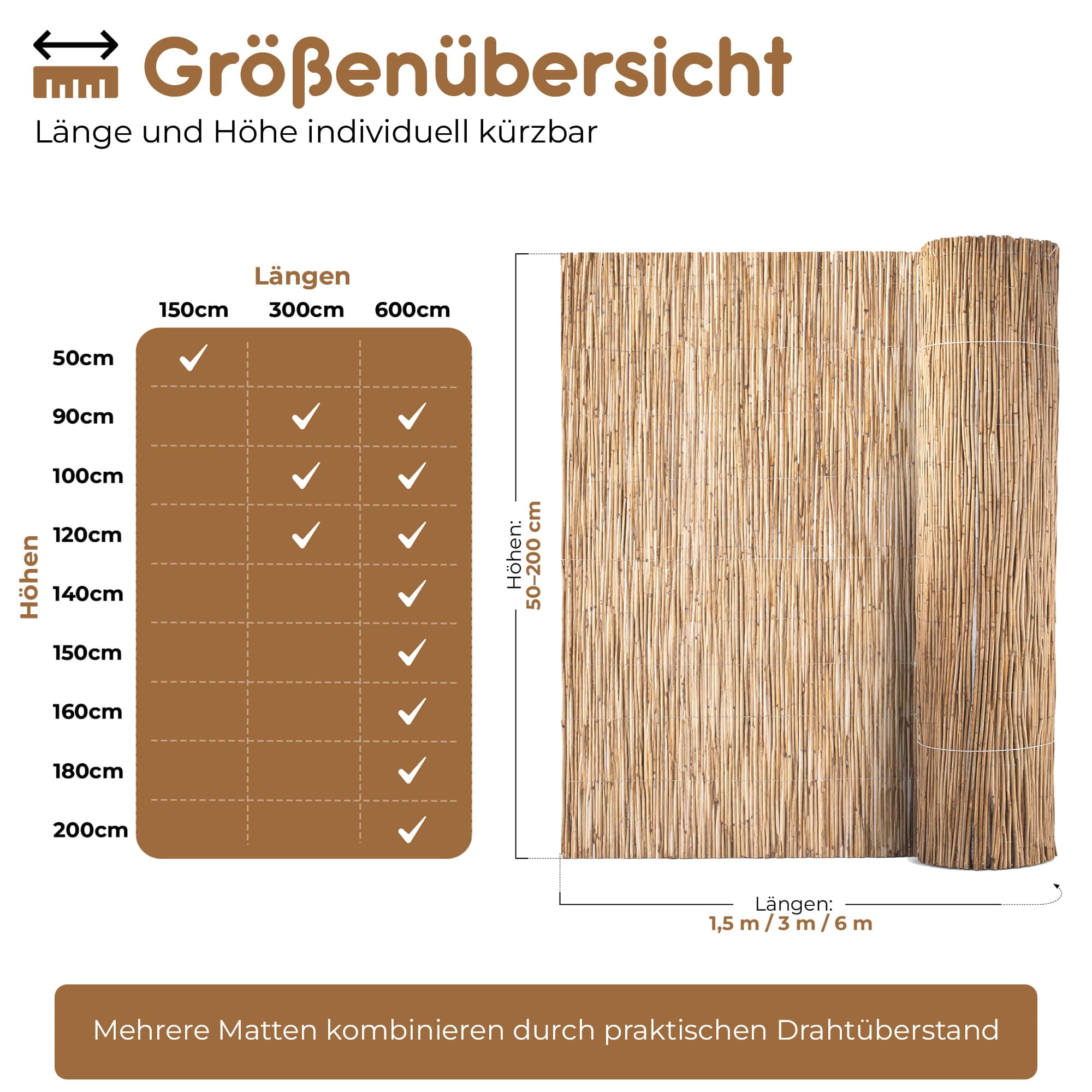 BooGardi Schilfmatte · Balkonsichtschutz in 12 Größen · Schilfrohrmatte 90x600 cm wetterfest · Balkon Sichtschutz Garten, Terrasse und Zaun · Sichtschutzmatte 90 cm hoch