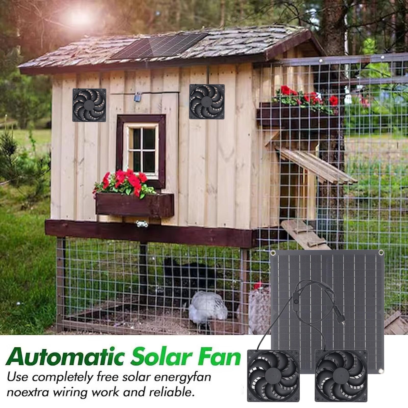 Ventilador Solar, Ventilador de Panel Solar de 25 W Resistente a la Intemperie con Ventilador Doble de CC para Gallineros Pequeños, Invernaderos, Cobertizos, Casas para Mascotas,