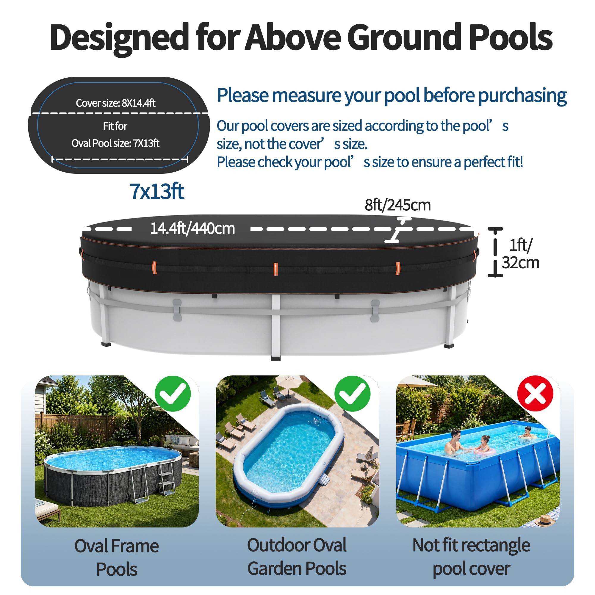 BâChe Ovale 500D pour Piscine Hors Sol, RéSistante Aux UV Et Aux DéChirures,245x440cm, Protection Coupe-Vent avec Bandes RéFléChissantes, ImperméAble Et RéSistante Aux IntempéRies.