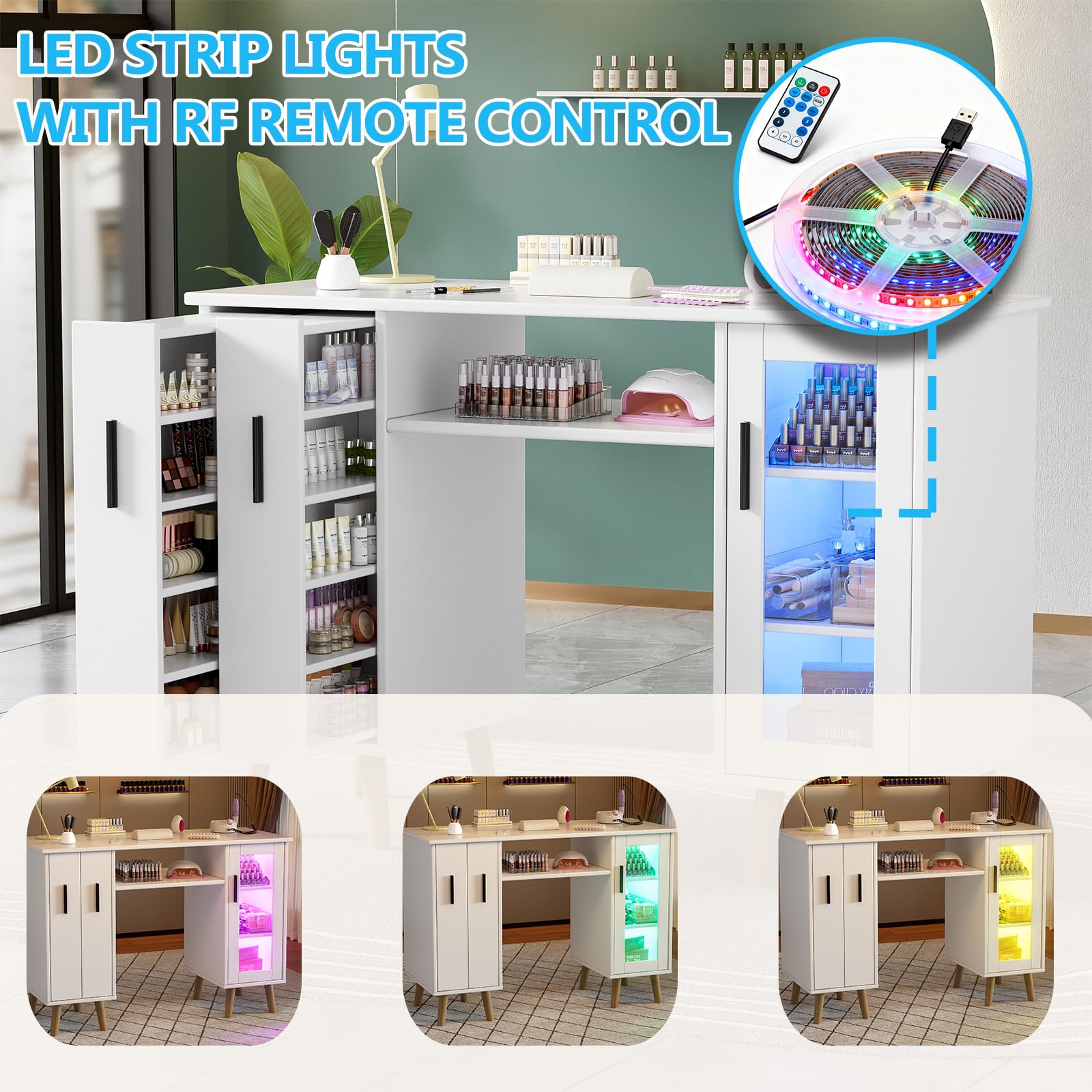 MSFE Mesa de Manicura,Estación de uñas Profesional con 2 Armarios Extraíbles Verticales,Armario de Gran Capacidad de 3 Niveles,Luces LED Ajustables para Salón de Belleza Profesional,108 * 45 * 76cm