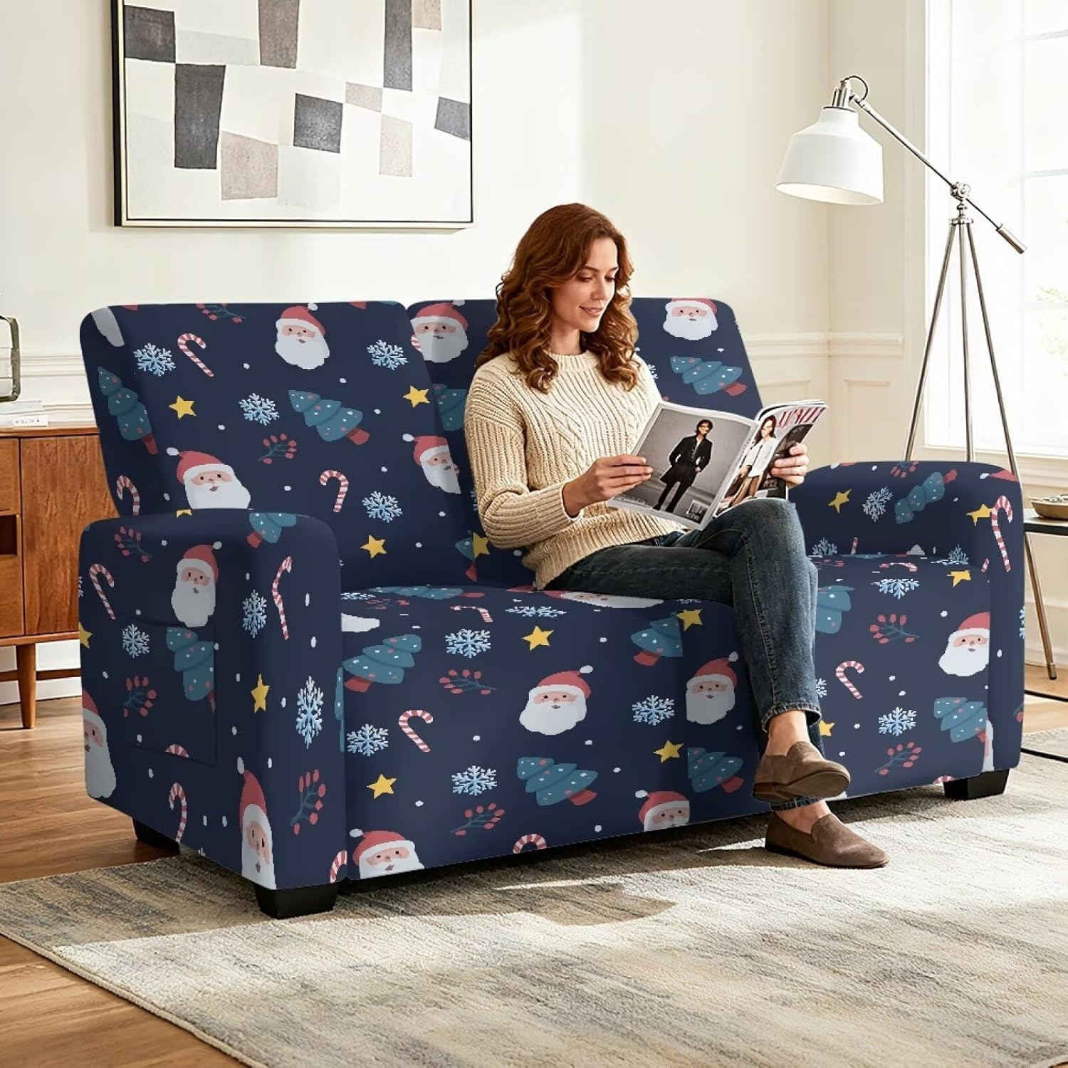 Suobstales Santa Claus Tree Snowflake Candy Print Loveseat Recliner Slipcover Christmas Decor Stretch Recliner Sofa Cover for 2 Seat Reclining Loveseat Couch, Furniture Protector with Elastic Bottom