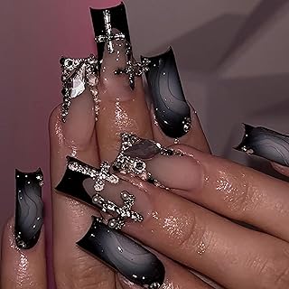 BABALAL Press on Fake Nails Gothic Design Acrylic Nails Long, Square Shape, Black Ombre, Cross Charm, Luxury, 3d Handmade, Glossy, 24pcs, Reusable False Nails