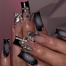BABALAL Press on Fake Nails Gothic Design Acrylic Nails Long, Square Shape, Black Ombre, Cross Charm, Luxury, 3d Handmade, Glossy, 24pcs, Reusable False Nails