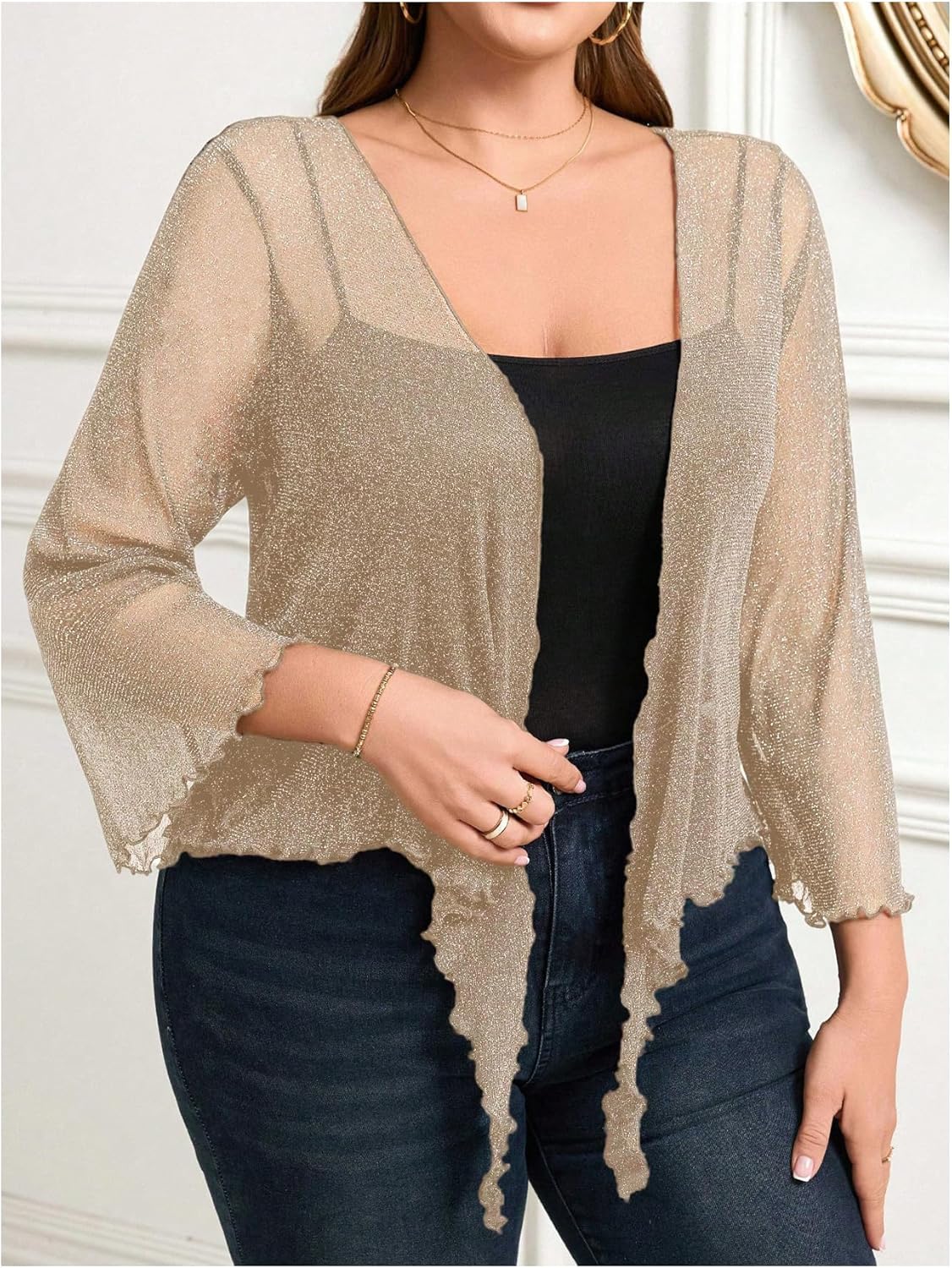 OYOANGLE Women's Plus Size Glitter Long Sleeve Sheer Tie Front Cardigans Party Lightweight Bolero Shrug - Image 4