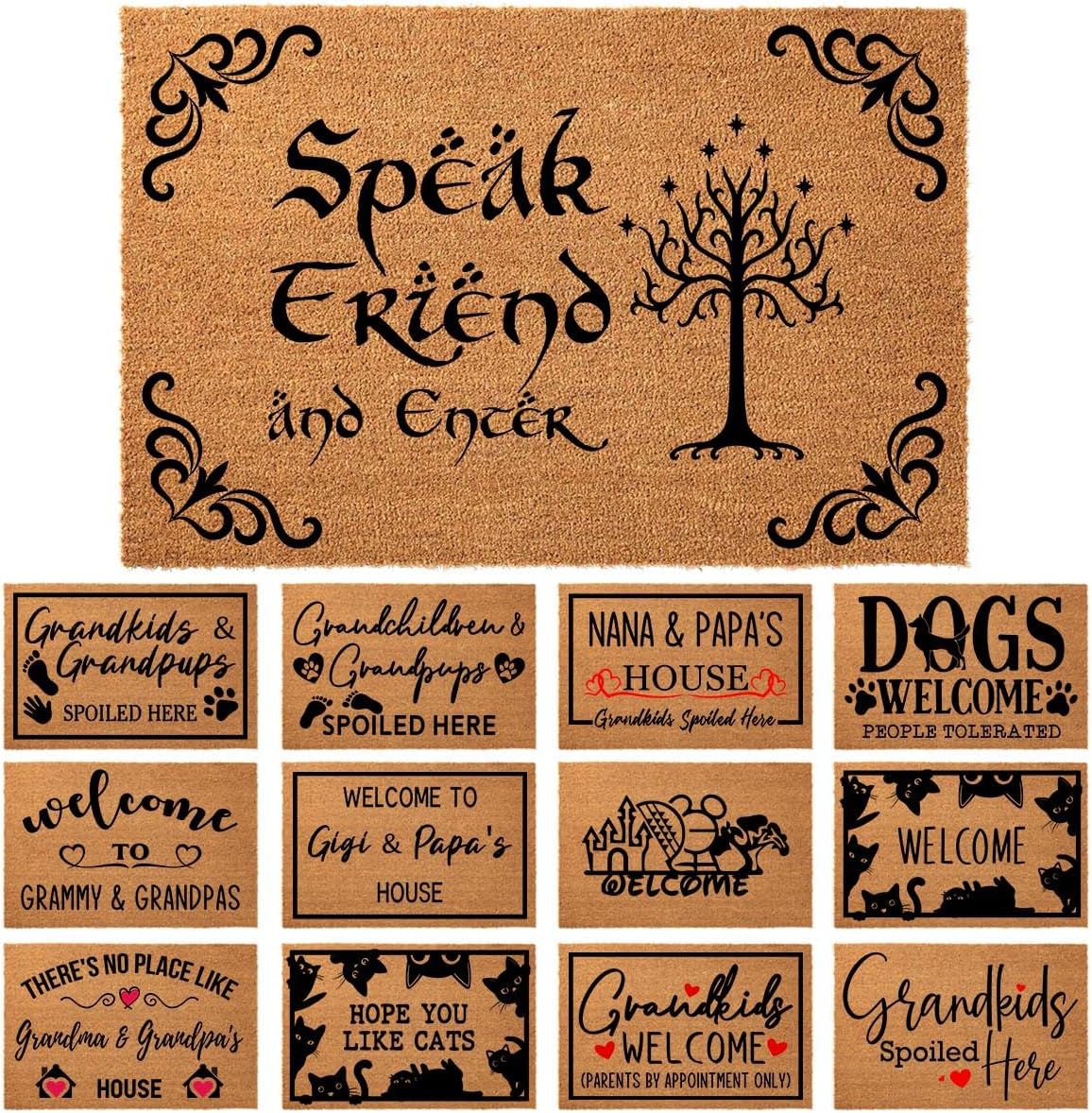 Coir Doormat 'Speak Friend and Enter' Lord of the Rings Welcome Mat, 23.6 x 15.7 inch, Tufted, Letter Print, Water Repellent, High Pile, Handmade, Rustic