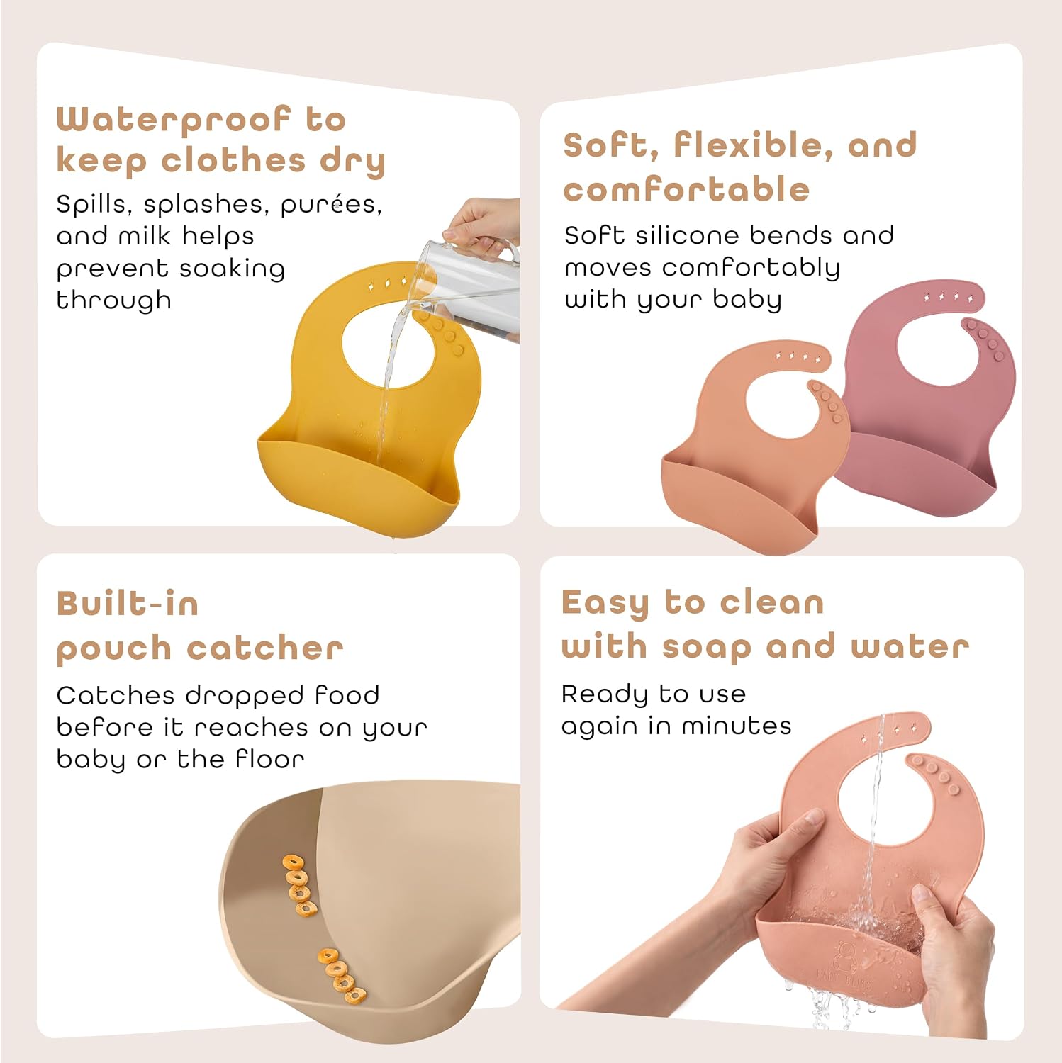 Baby Bliss Silicone Bib 2-Pack: Safe, Non-Toxic, Food-Grade. Waterproof, Adjustable Neck Band, Easy-Clean Pouch Catcher.