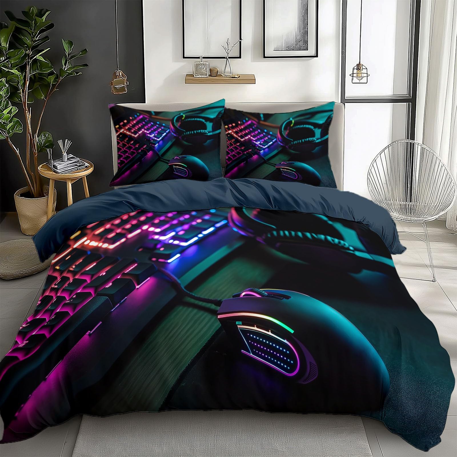 CozyRest Comfortable Reversible Bedding Set Boy Teen Men Game Player Mouse Bedding Zipper Duvet Cover with Pillowcase (Steel Blue Single 120x200 cm)