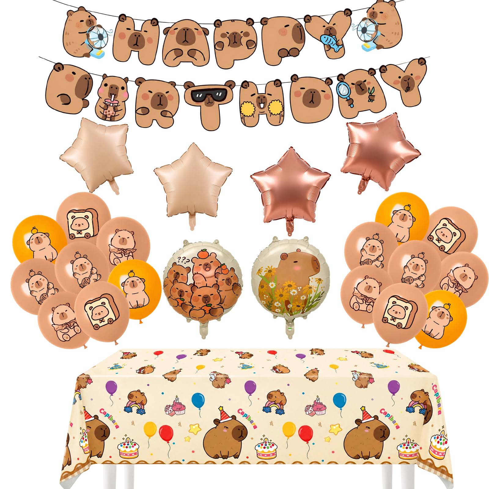 24PCS Capybara Birthday Decorations, Complete Party Set with Balloons and Banners, Brown and Caramel Themed Celebration Accessories, Dimensions 30x20x2 Cm