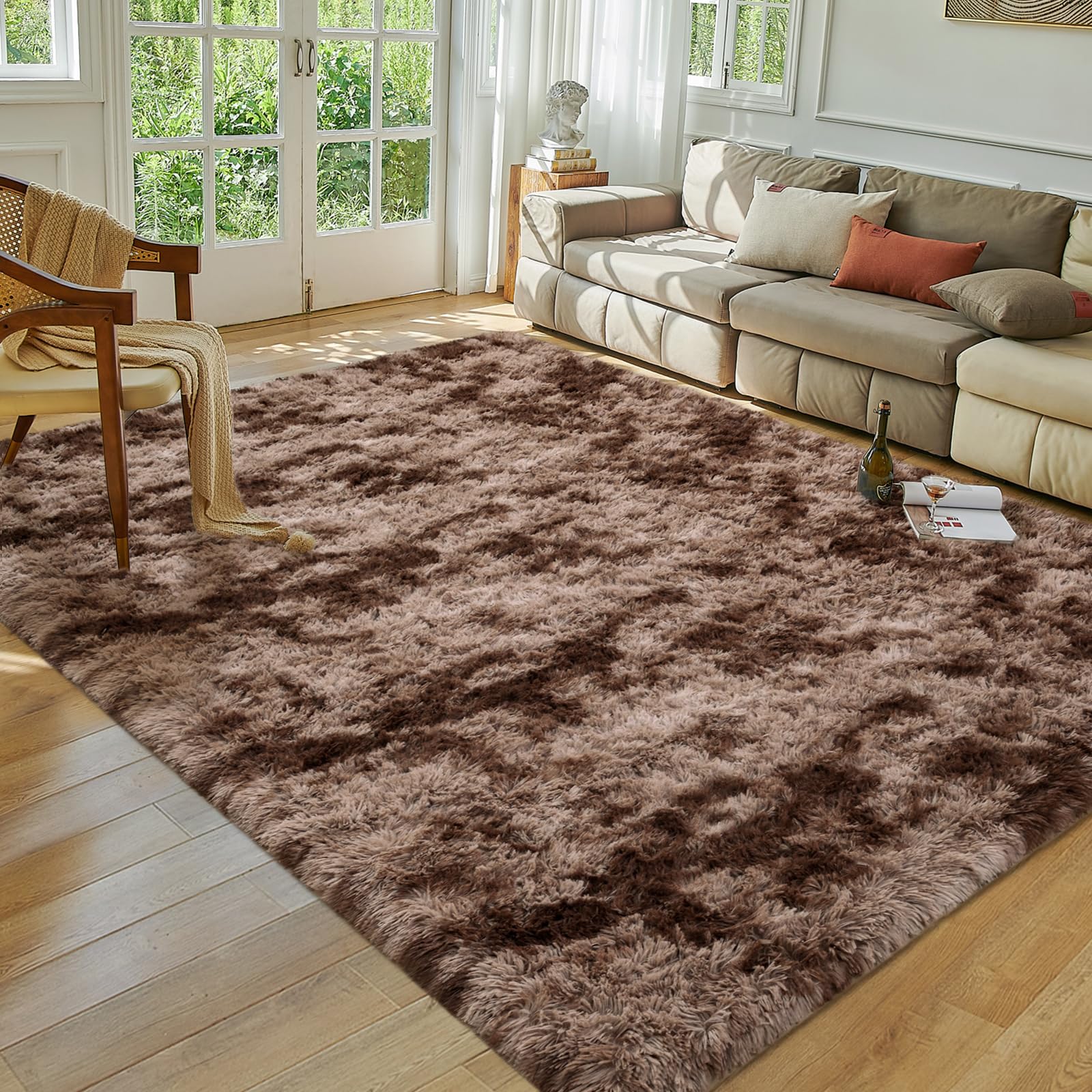 Softlife Area Rug for Living Room, Fluffy Shag Plush 5x8 Brown Rugs for Bedroom Girls Kids, Shaggy Soft Fuzzy Tie Dyed Large Carpet for Dorm Bedside