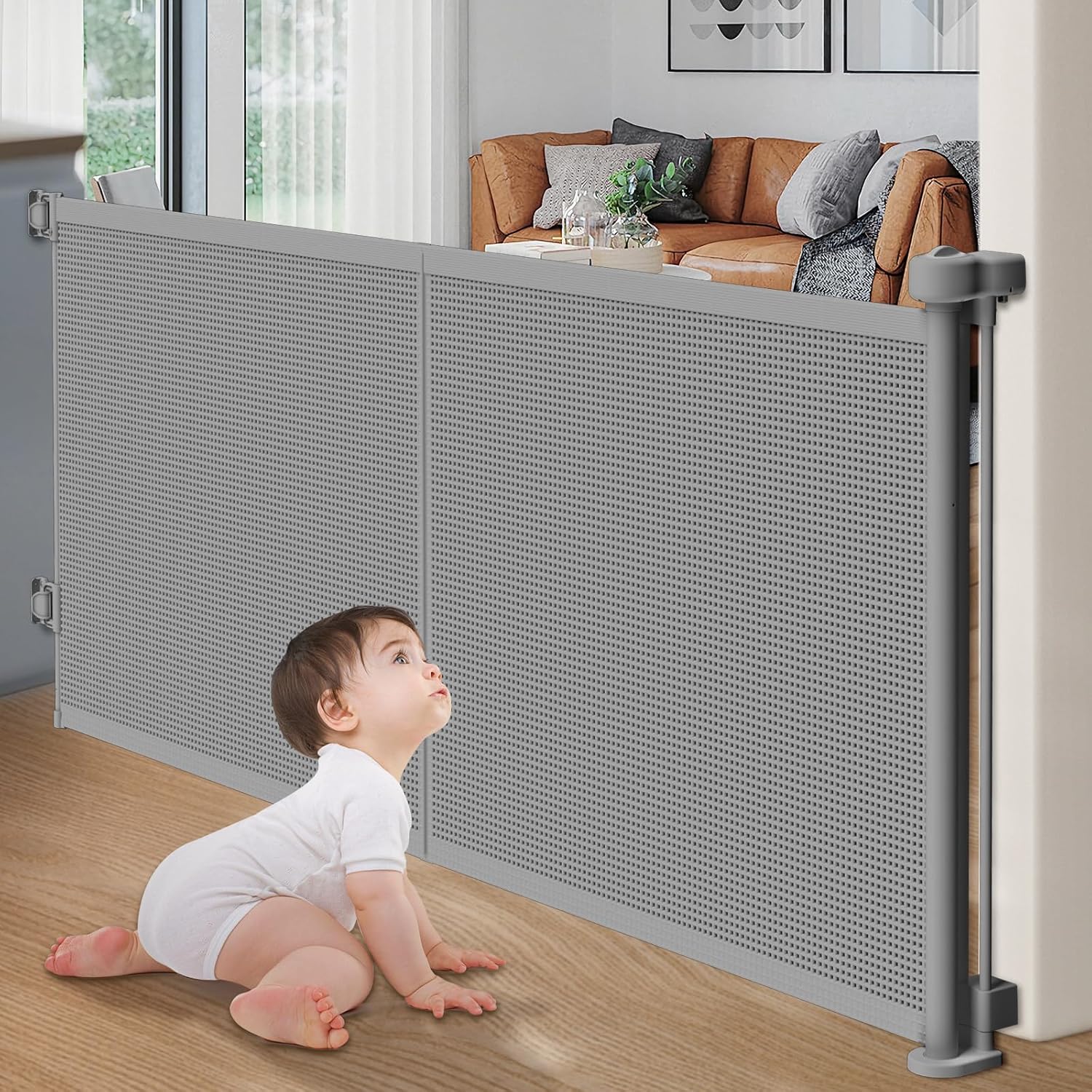 Upgrade Retractable Baby Gates, 35" Tall Extends up to 60" Wide, Mesh Dog Gate Indoor for Stairs, Outdoor Reinforced Pet Gate with Support Rods for Doorways Hallways Kitchen Bedroom, Grey 35" Tall x 60" Wide