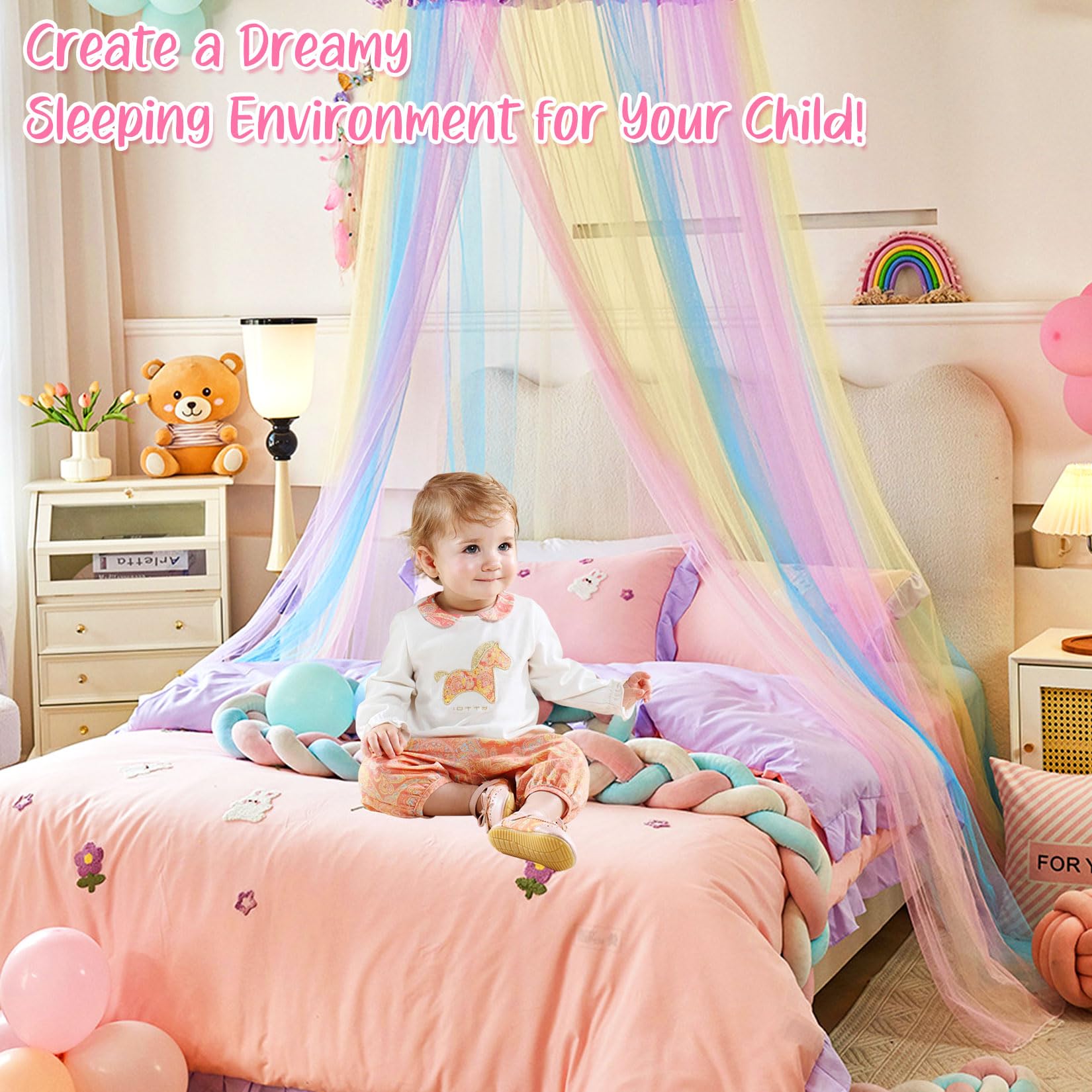 Mosquitera para cama grande, 60 x 250 x 1200 cm, arco iris, mosquitera para cama de matrimonio de malla fina con bolsa de almacenamiento, mosquitera colgante para camping, casa, cunas