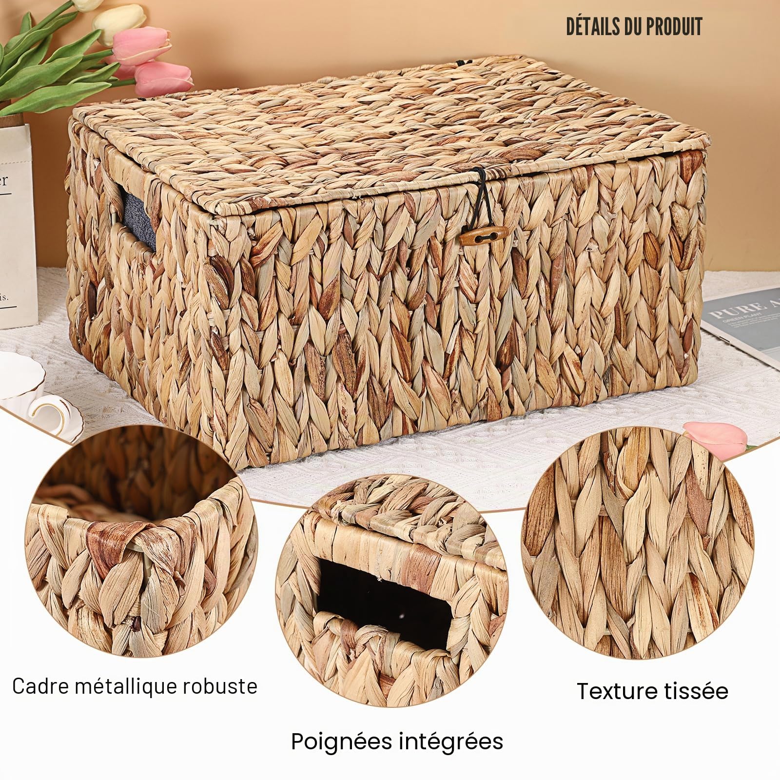 Panier de rangement naturel en jacinthe d'eau, jonc de mer, étanche, avec couvercle, pour salon, cuisine, garde-robe pour vêtements, livres, fruits, légumes, cosmétiques, 40 x 28 x 19 cm