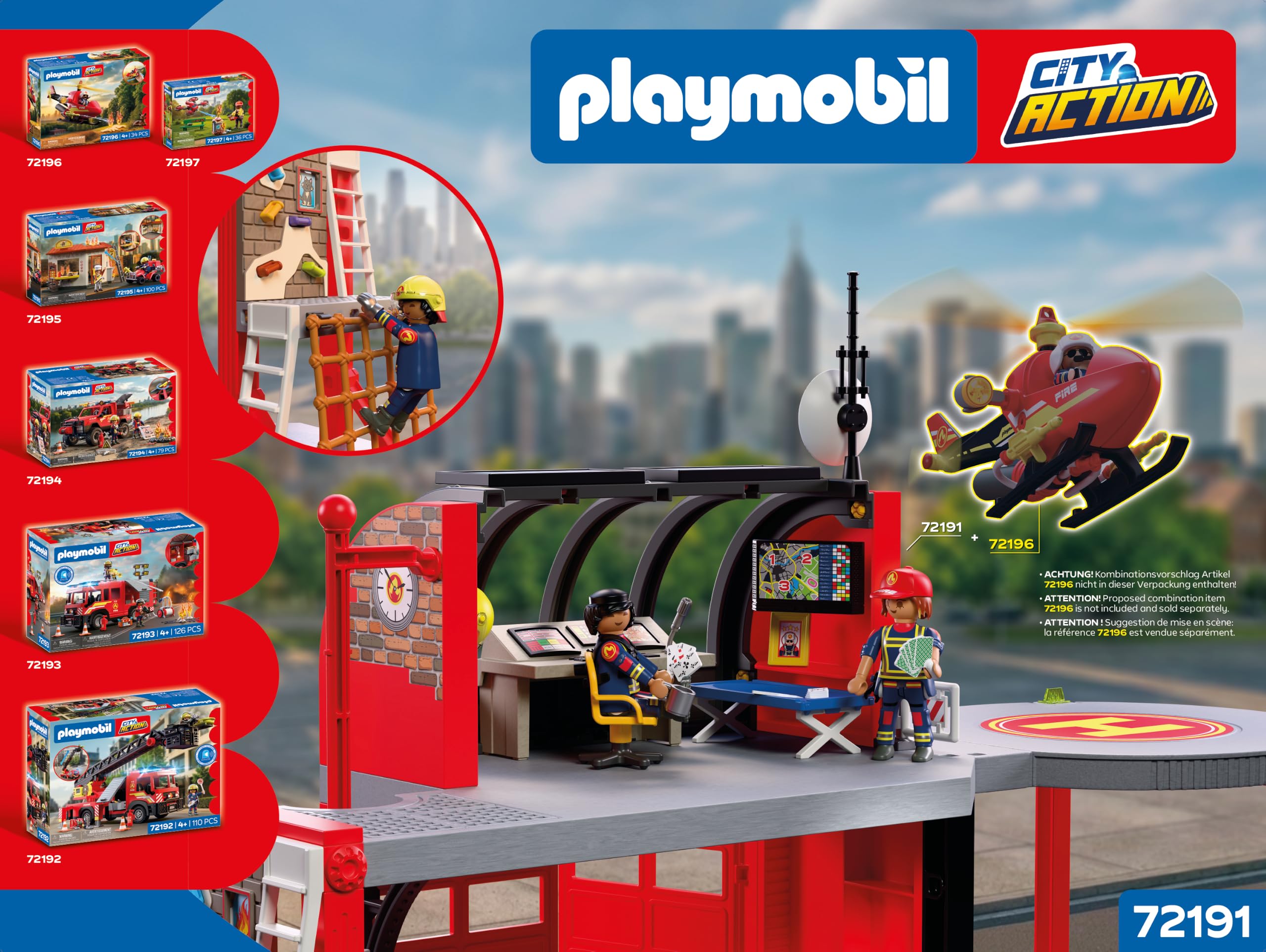 PLAYMOBIL | City Action | Grande stazione dei pompieri | Stazione multilivello con centrale operativa, palo scivolo, area di addestramento e molti accessori | Per bambini da 4 anni | 72191