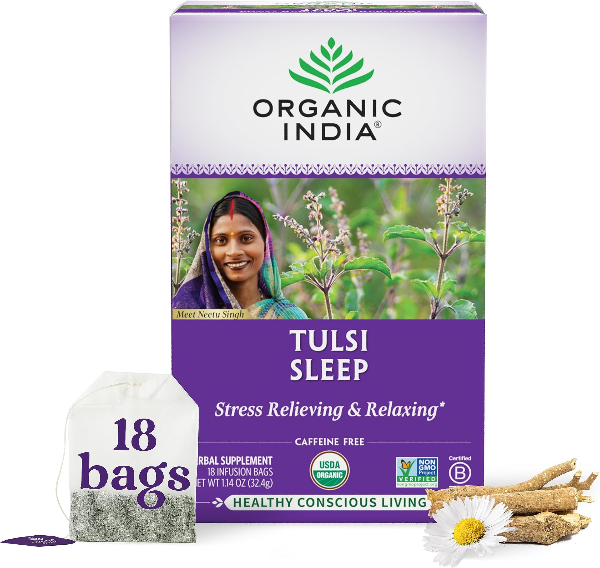 Organic India - Certified Organic - Tulsi Sleep - Promotes Calm & Restful Sleep - Caffeine Free - 18 Tea Bags