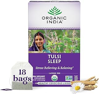 ORGANIC INDIA Tulsi Sleep Herbal Tea - Holy Basil, Ashwagandha, Chamomile, Night Time Tea for Bedtime, Stress Relieving & Relaxing, Immune Support, USDA Certified Organic - 18 Infusion Bags, 1 Pack