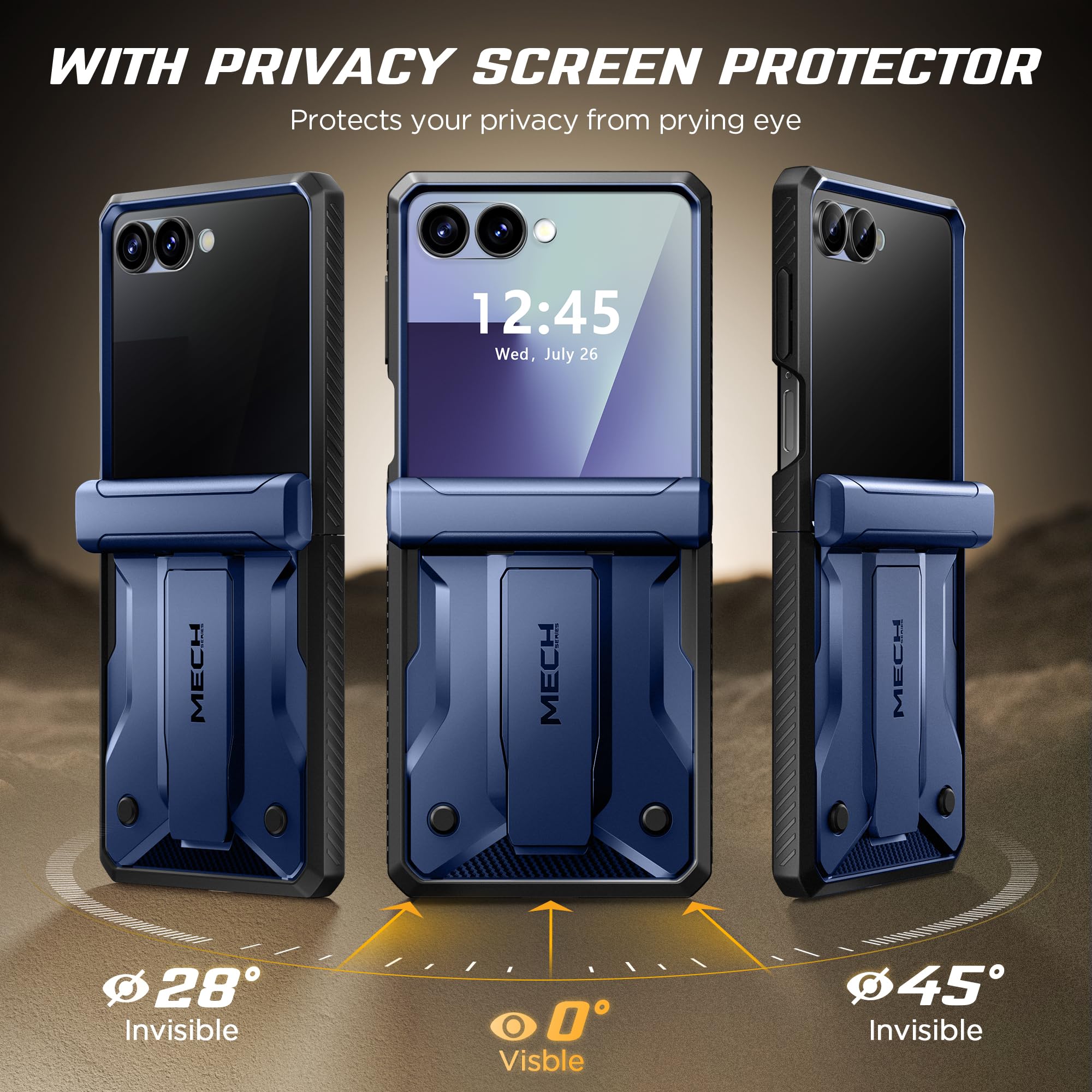 TONGATE Custodia per Z Flip 7 con pellicola protettiva per lo schermo della privacy, supporto e clip per cintura, protezione per cerniera, antiscivolo, custodia protettiva integrale di grado militare