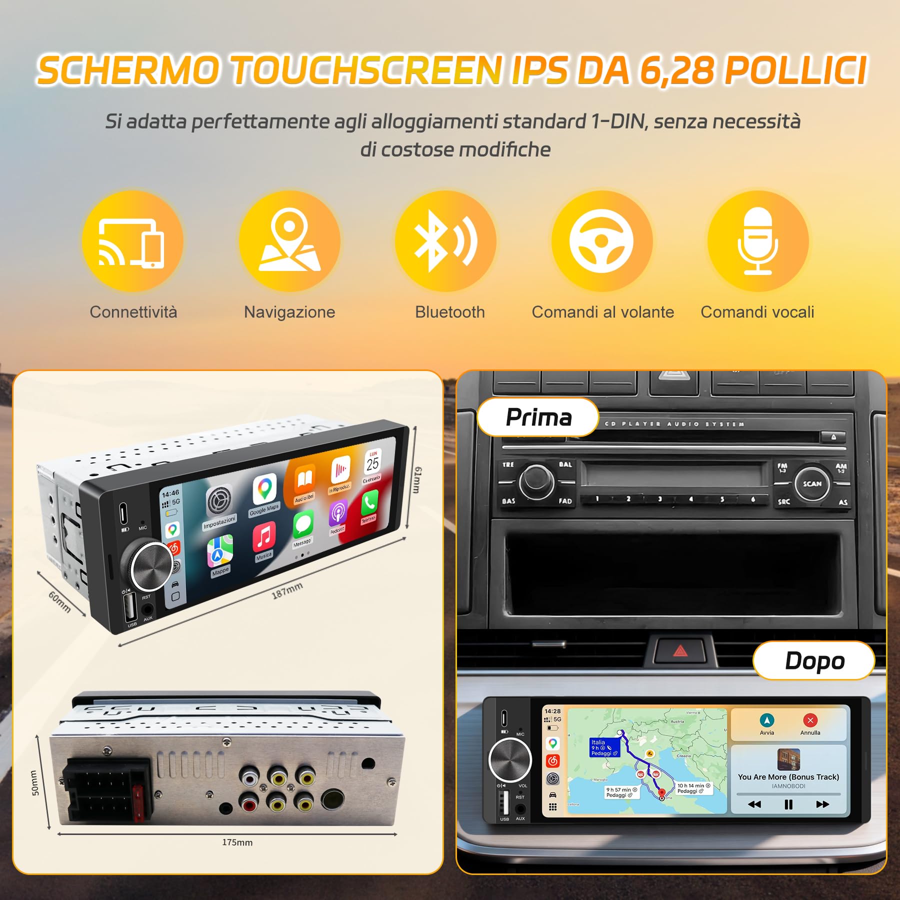 Autoradio Bluetooth 1 Din con Schermo da 6,28 Pollici, CarPlay/Android Auto | Telecamera Posteriore, Navigazione GPS, FM/RDS, Comandi al Volante, Comandi Vocali, Radio Auto Un Din Car Stereo Touch Screen