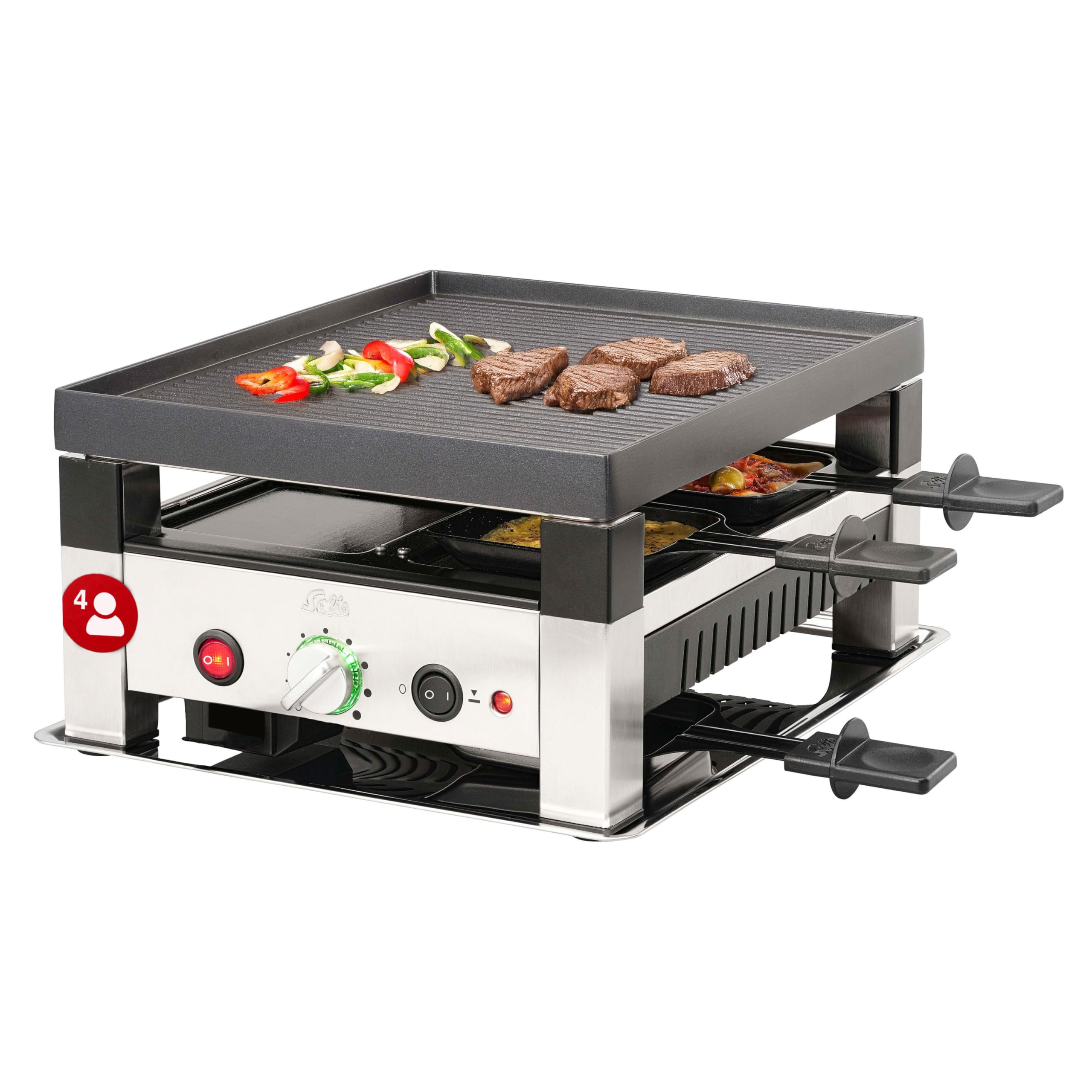 Solis Grill stołowy 5 w 1 7910 raclette dla 4 osób – raclette + grill stołowy + wok + grill do pizzy + naleśniki – grill elektryczny – 1020 W – stal nierdzewna