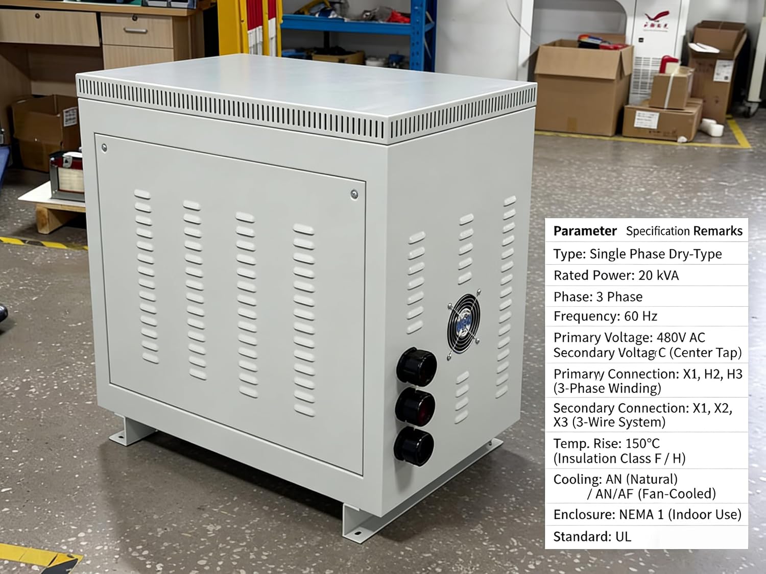 Single Phase Dry-Type Isolation Transformer, 20 kVA, 480V to 240V, Copper Wire, NEMA 1 Enclosure