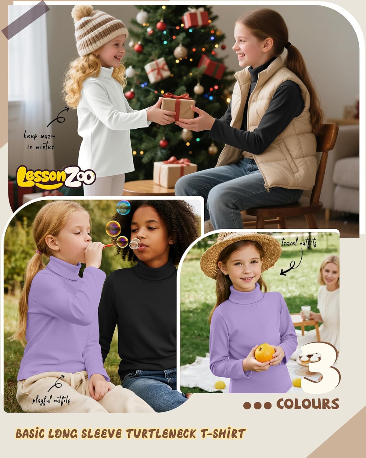 3 Pack Girls Turtleneck Long Sleeve Pullover T-Shirt Soft Warm Stretch Kids Basic Turtle Neck Tops for Girls - Image 4