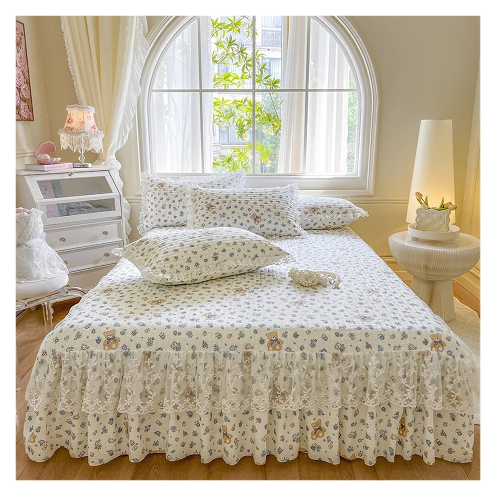 1 Piece Lace Skirt + 2 Piece Pillowcases Bedding Bedspreads Sheet Pink Lace Bedding Set Bed For Cover(08,Queen 180x220cm 3pc)